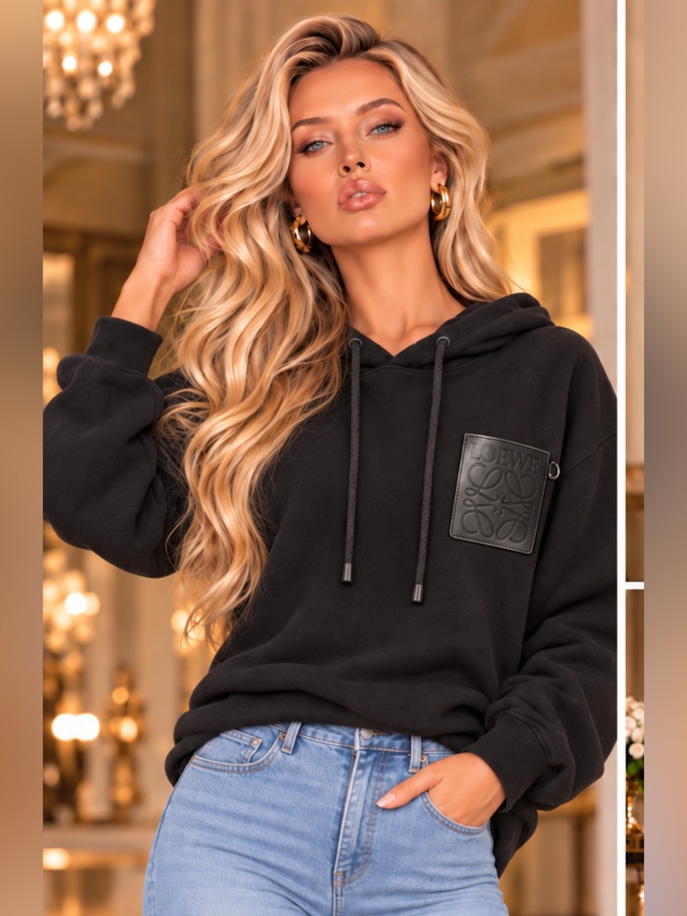 FAsHION Black Leather Like-patch Hoodie for Women